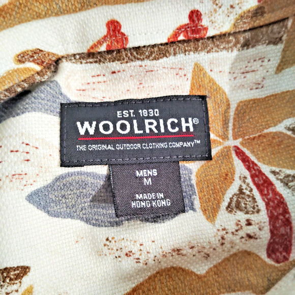 Woolrich Hawaiian Shirt Mens M Beige Palm Beach Print Short Sleeve Button Down - Picture 7 of 7